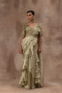 Metal green tissue drape sari with frills combined with blouse and waist belt